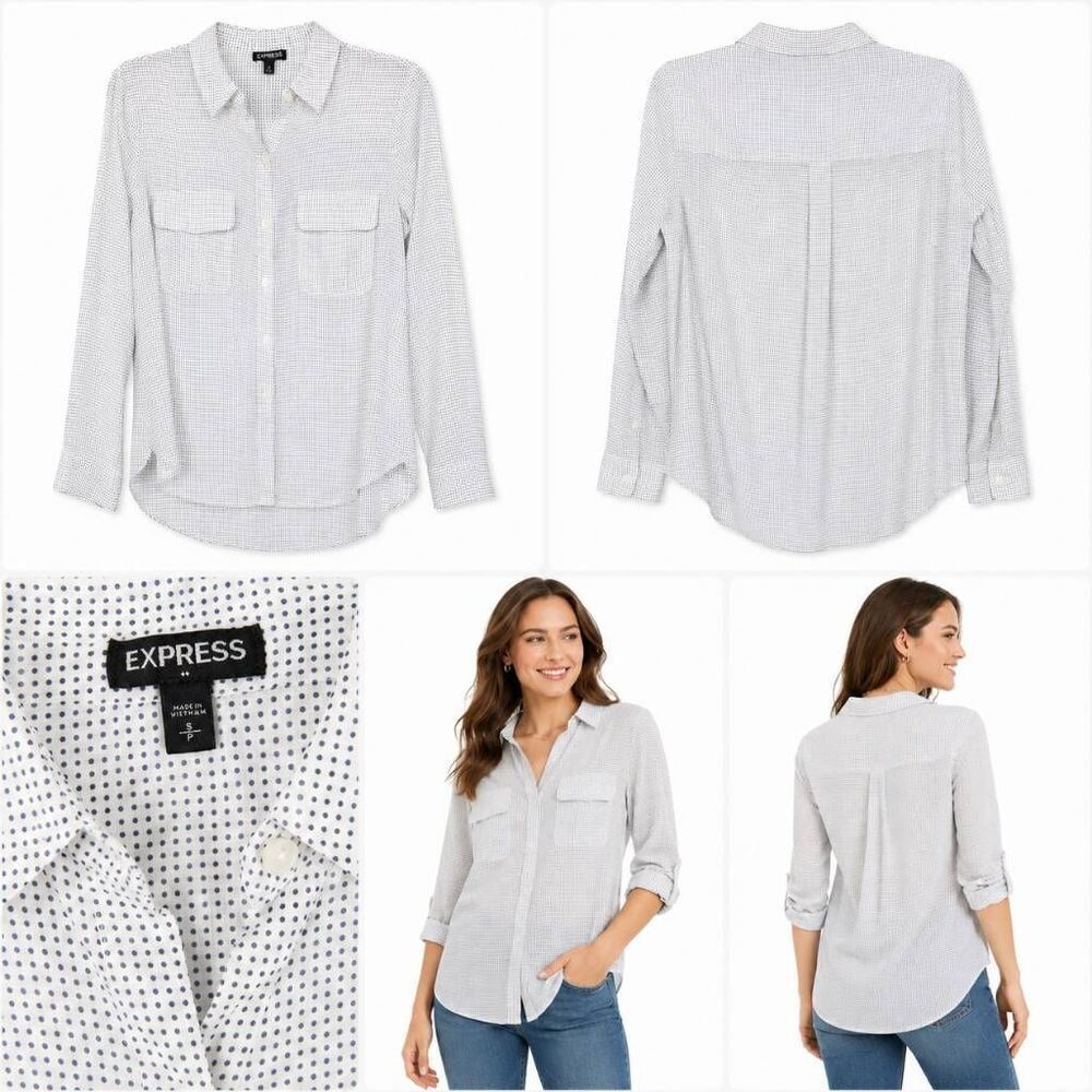 Express Polka Dot Button Front Shirt Small Long Sleeve